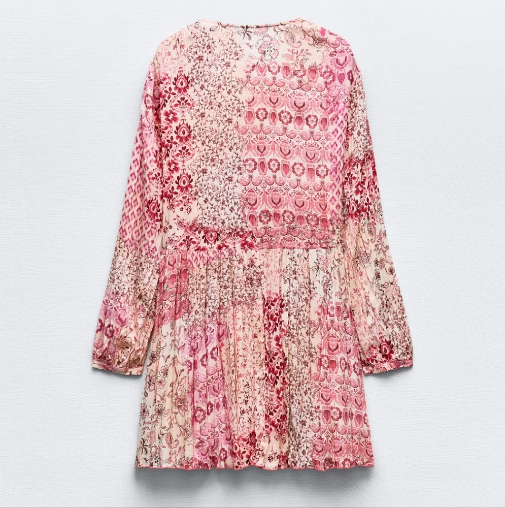 Zara Pink Floral V- Neck Tassel Boho Oversize Tunic Mini Dress Size Medium - Picture 2 of 13